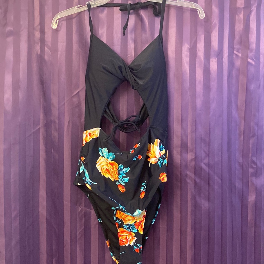 Black floral one piece swim suit